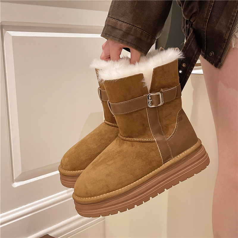 厚底中筒雪地靴女2025冬季新款东北两穿加绒加厚保暖皮毛一体棉靴