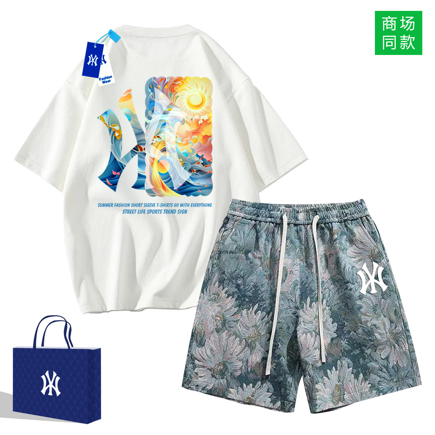 奥特莱斯夏季新款休闲运动套装男t恤纯棉短袖短裤宽松情侣两件套