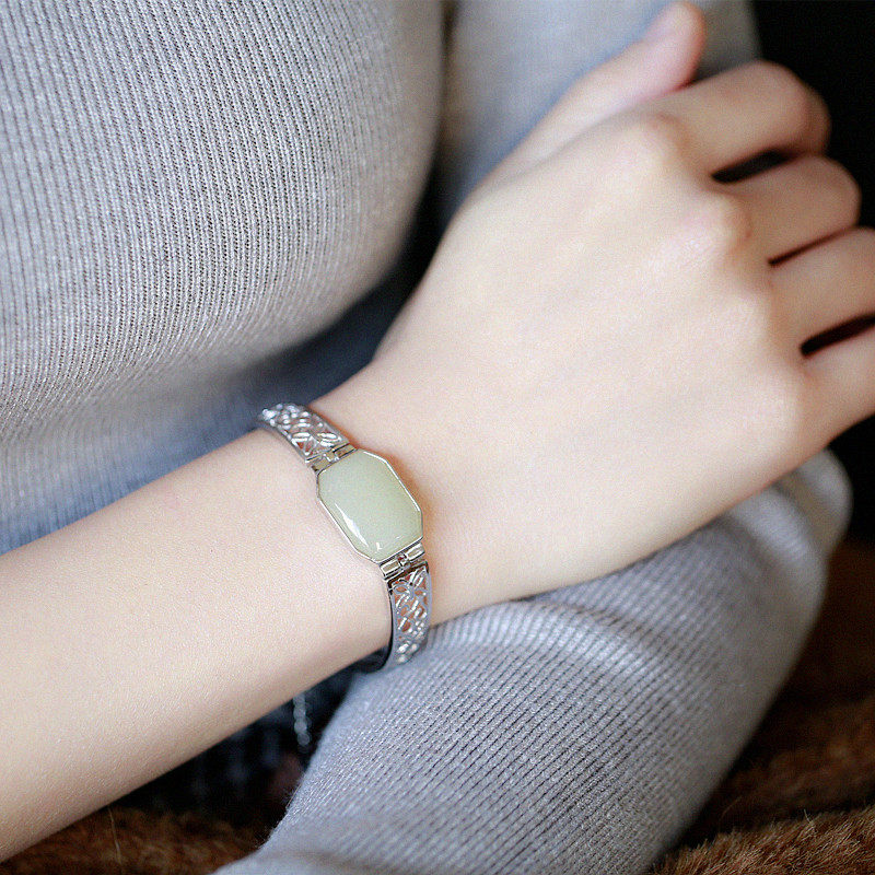 平安无事牌S925纯银天然和田玉原创手链气质女款镂空玉手镯手饰品
