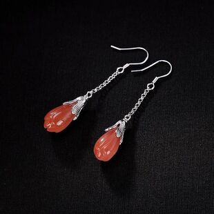 古风925纯银针红玛瑙长耳坠旗袍汉服搭配玉兰花气质女士耳钉耳饰