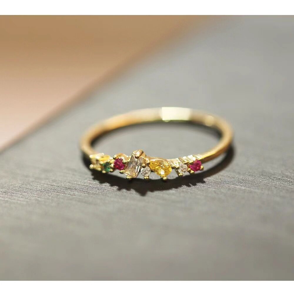 简约彩色水晶石戒指轻奢超细指环小众时尚个性设计精致款戒指女款