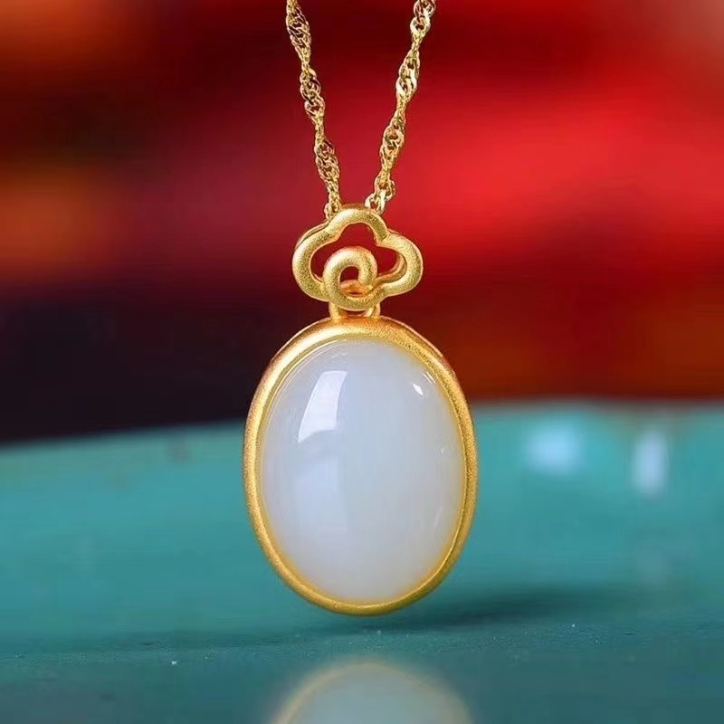 中国风镀磨砂金鎏金蛋面吊坠如意扣头简约时尚个性古风项链女士款