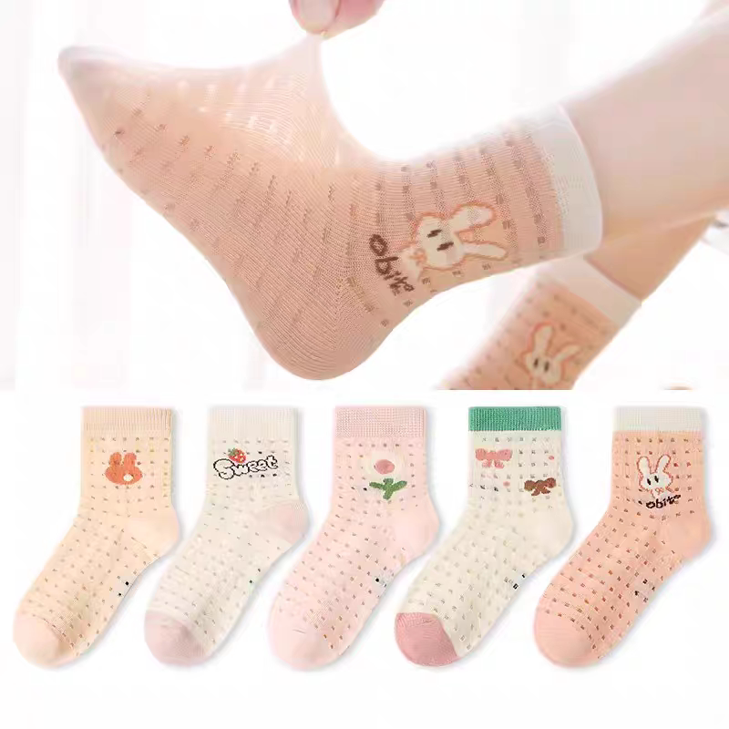 六指鼠儿童袜子夏季女童网眼纯棉中筒袜吸汗透气女孩春秋薄款袜子