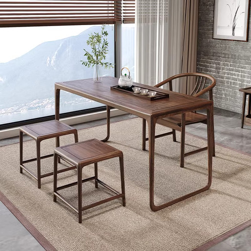 阳台茶桌椅组合简约小户型茶台家用实木茶几新中式黑胡桃木茶桌