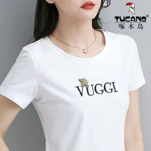 夏季 夏装 啄木鸟纯棉t恤女短袖 2025新款 休闲上衣女士 时尚 洋气短款