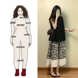 女 夏季 穿搭一整套大码 胖mm黑色无袖 上衣搭配碎花半身裙韩系套装