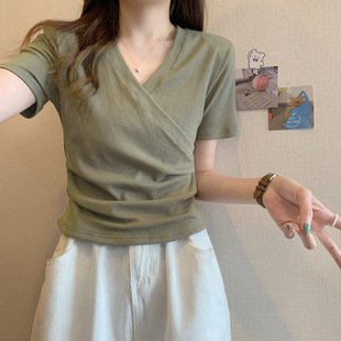 夏季 上衣 正肩短袖 t恤女设计感小众微胖mm显瘦别致独特v领交叉短款
