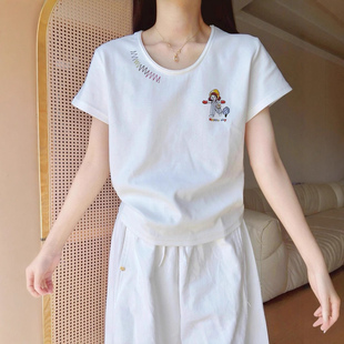 U领白色纯棉设计感小众上衣女夏季 宽松休闲T恤 新爆款 打底正肩短袖