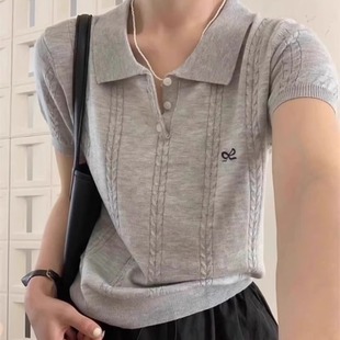 灰色蝴蝶结刺绣短袖 设计感显瘦针织上衣 t恤女夏季 港味复古Polo衫