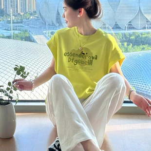 T恤女新款 多巴胺青柠绿宽松短袖 高级感感纯棉圆领夏日漂亮小上衣