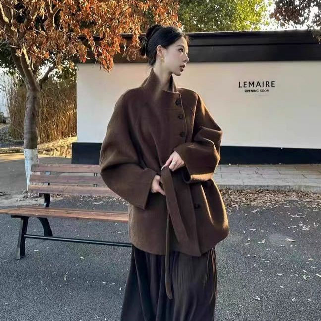 棕色双面羊绒大衣中长款女秋冬立领小个子高级设计感毛呢外套女,女装/女士精品,毛呢外套,淘宝优惠券,粉丝福利购,淘宝优惠卷