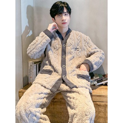 美梦睡衣男冬2025秋冬加厚加绒冬季简约珊瑚绒家居服套装可外穿法