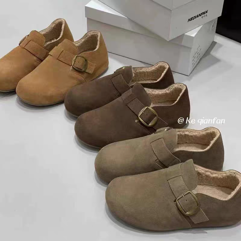 可千凡勃肯鞋女2025冬季新款真皮平底加绒休闲鞋包头女鞋5502-13