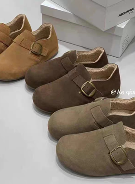 可千凡勃肯鞋女2025冬季新款真皮平底加绒休闲鞋包头女鞋5502-13