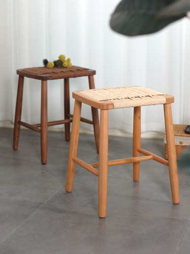 编绳原木藤编胡桃木吧台小凳子