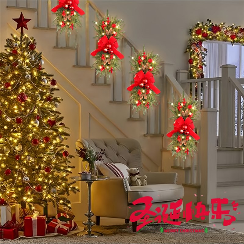 楼梯圣诞装饰蝴蝶结门挂家居场景布置扶梯圣诞节楼梯扶手改造藤条