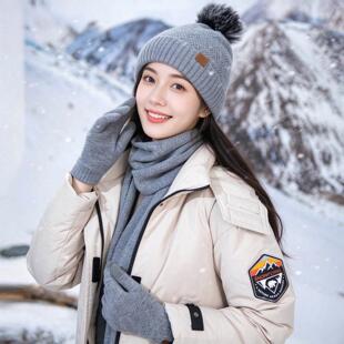 女士帽子围巾手套三件套秋冬季针织保暖套装防寒围脖纯色2026新款