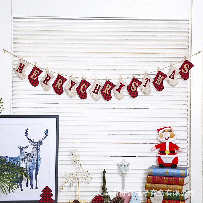 圣诞节拉旗 圣诞袜子手套圣诞树 三角拉旗 挂饰套装