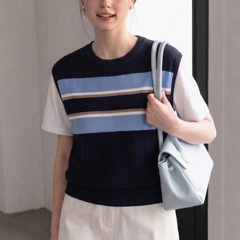 韩系假两件撞色拼接条纹针织衫女夏季正肩圆领短袖T恤上衣