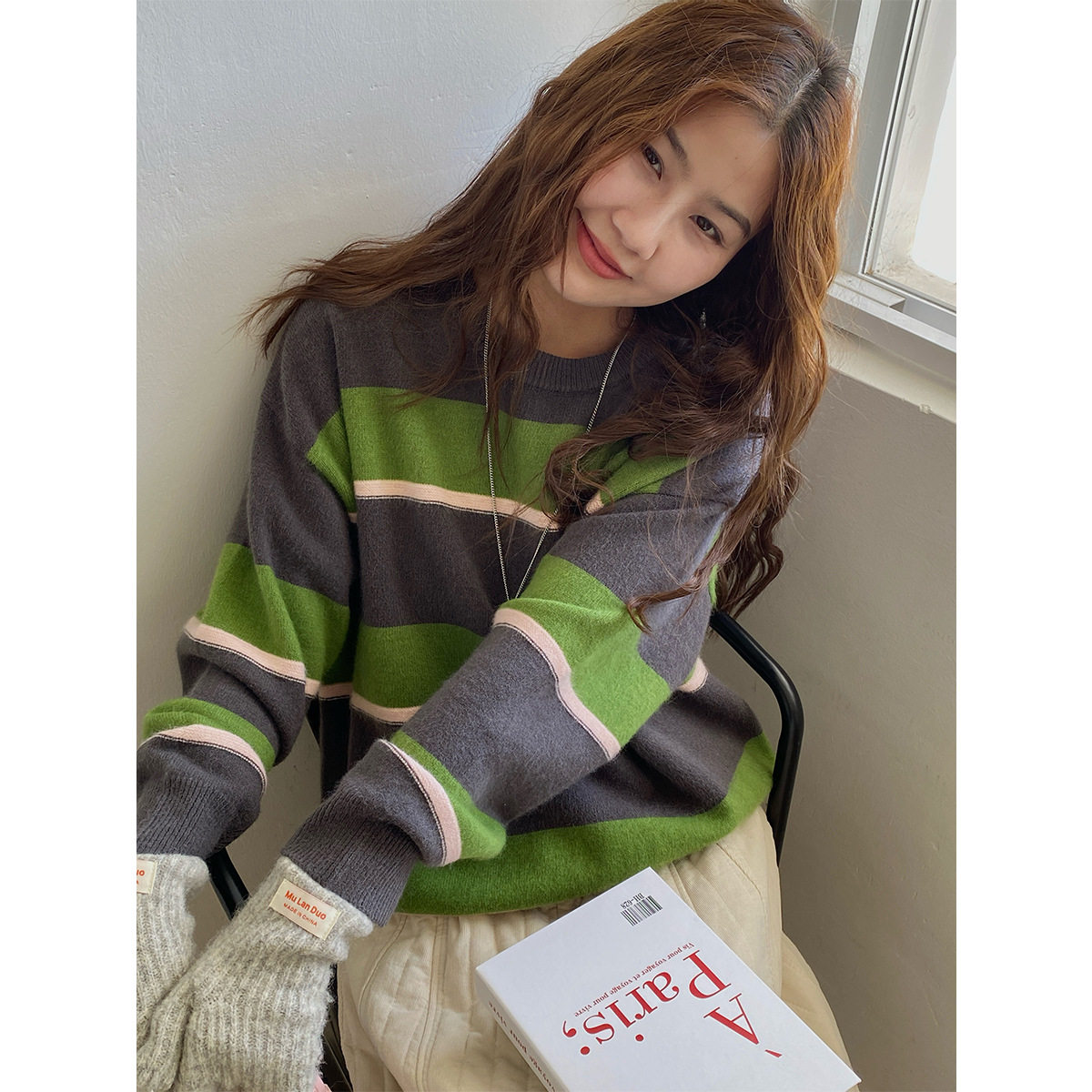 秋冬日慵懒风长袖针织衫25新款宽条纹撞色显瘦保暖套头毛衣女ZEZ,女装/女士精品,毛衣,淘宝优惠券,粉丝福利购,淘宝优惠卷