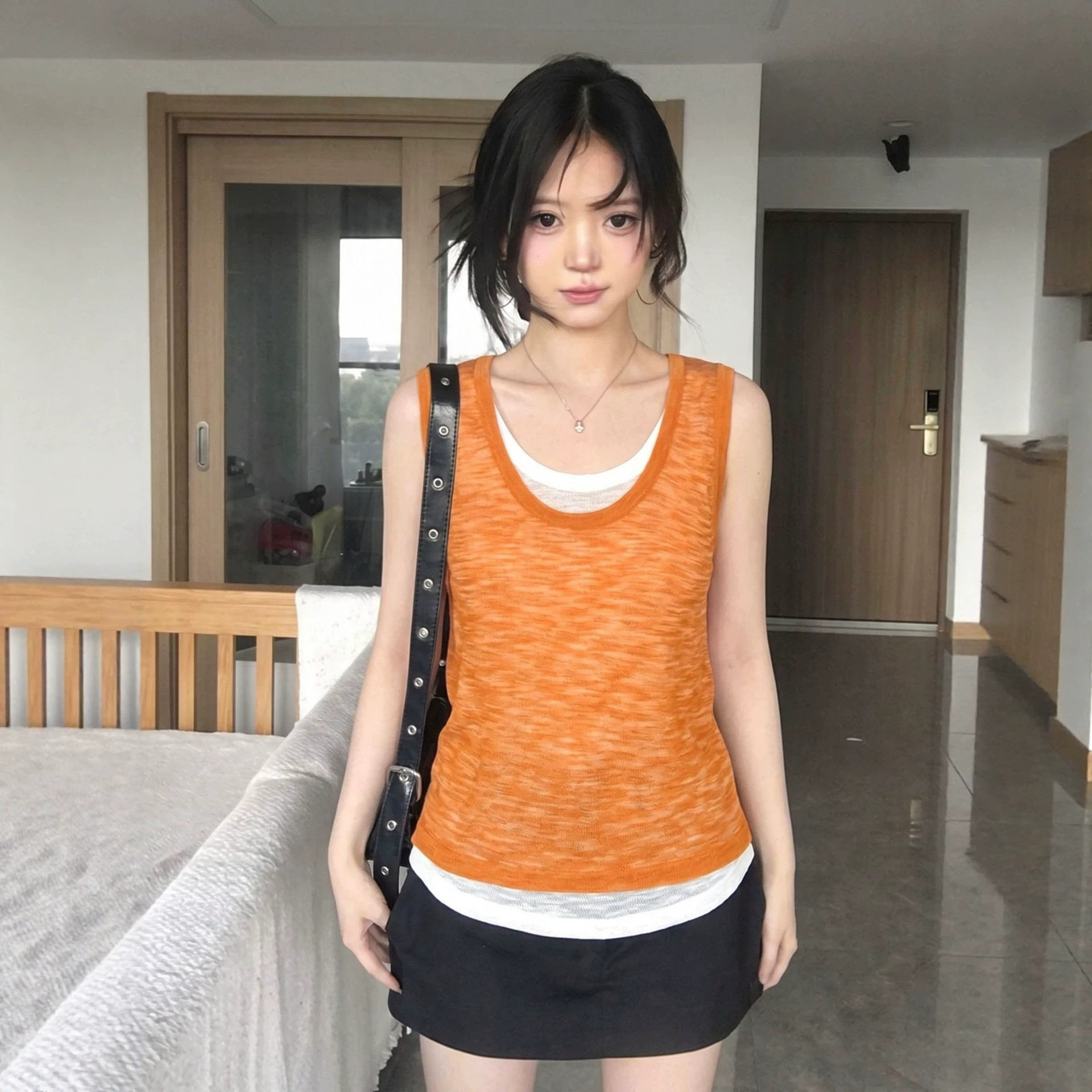 橘色假两件针织吊带背心女夏薄款外穿显瘦坎肩小衫巨好看无袖上衣