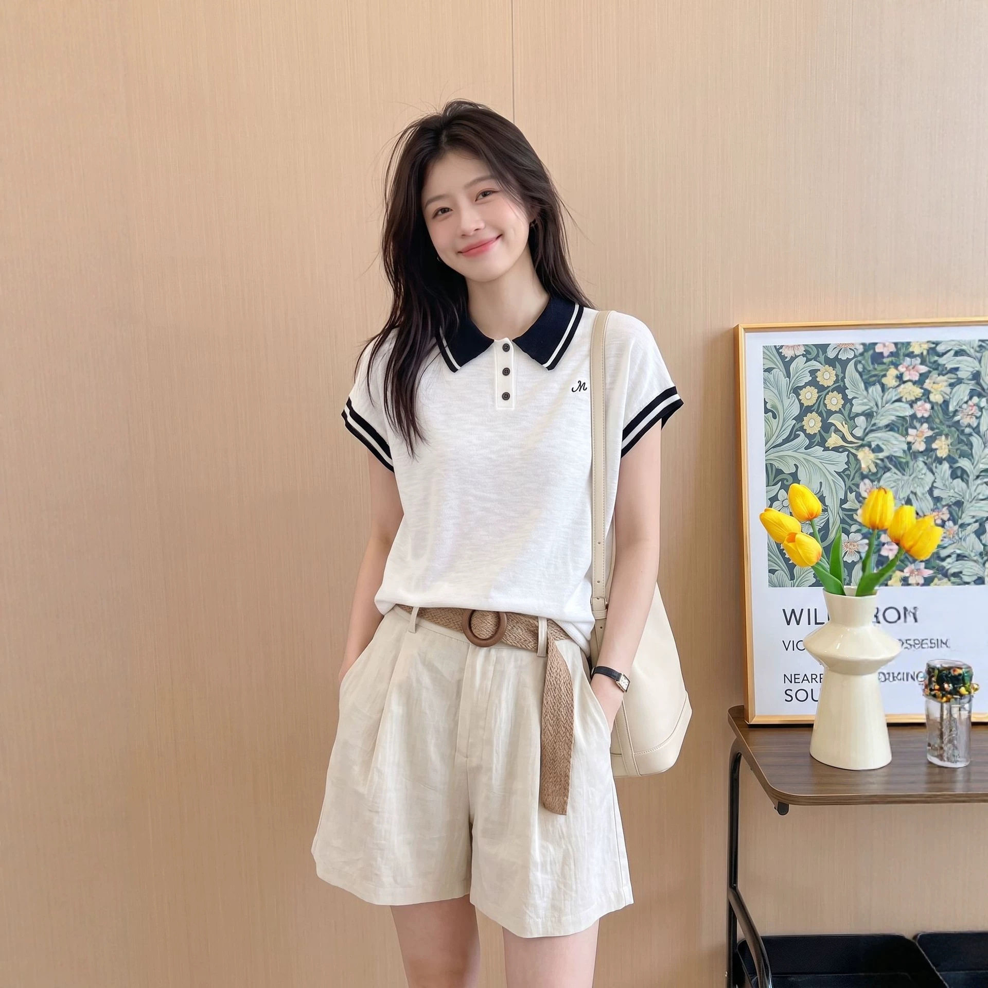 韩系白色polo领冰丝针织短款上衣女夏季小个子正肩修身短袖t恤薄