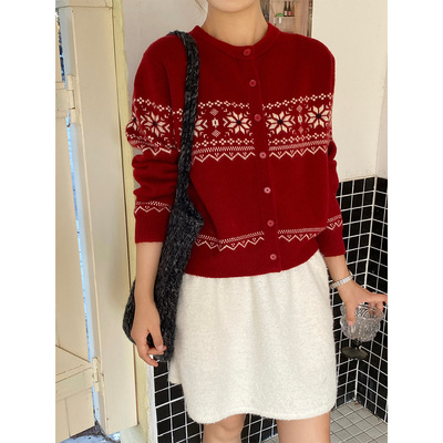 早春复古雪花针织开衫女生圆领软糯毛衣韩系松弛感叠穿上衣ZEZ