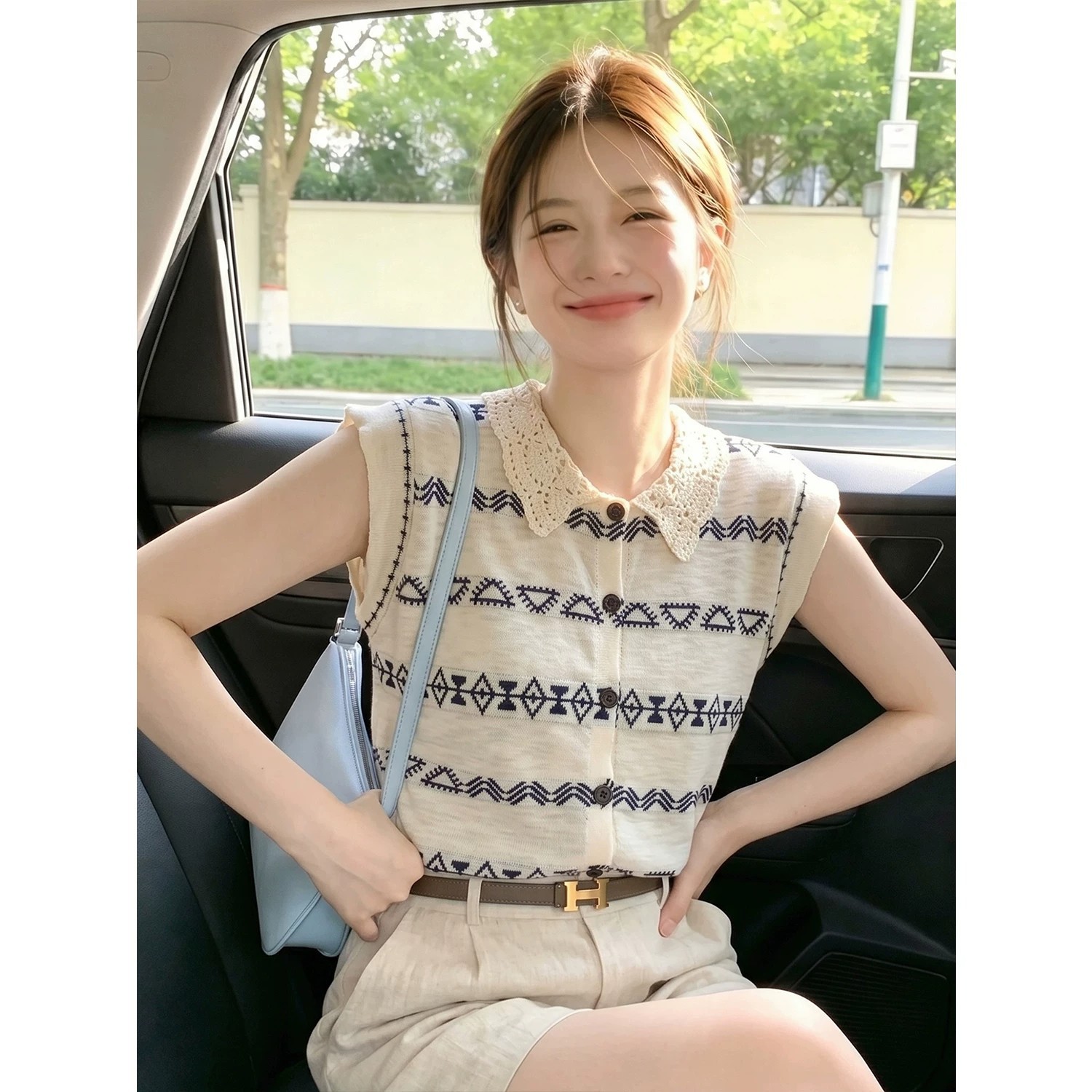 老钱风蕾丝翻领几何针织短袖t恤女夏季高级感小飞袖无袖坎肩上衣