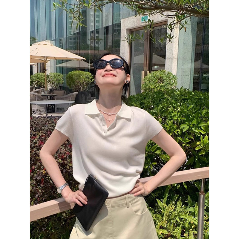 高级感老钱风白色短袖女Polo领冰丝针织t恤夏季宽松正肩翻领上衣