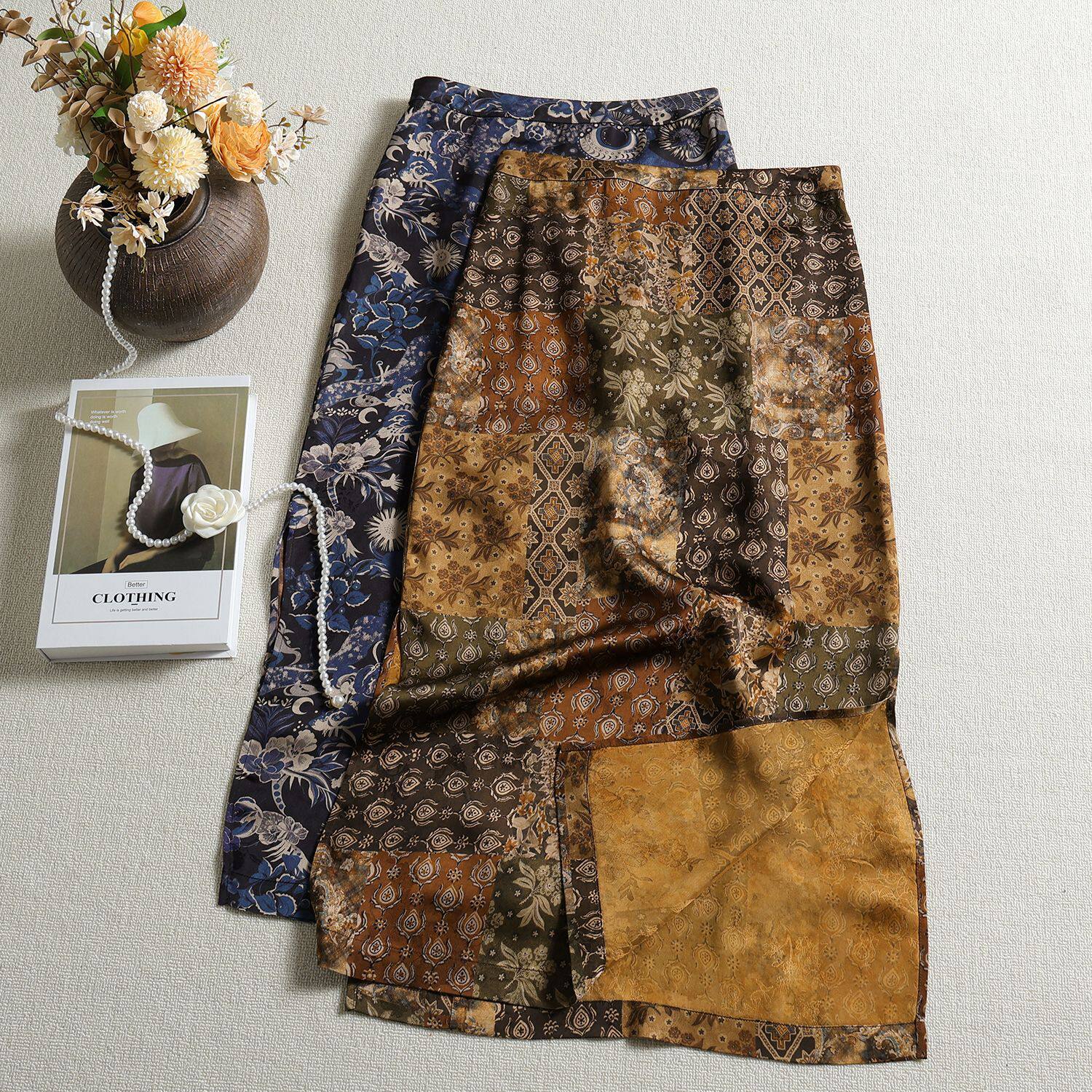 南油高端真丝香云纱印花半身裙高腰开叉垂感遮肉禅意夏季茶服半裙