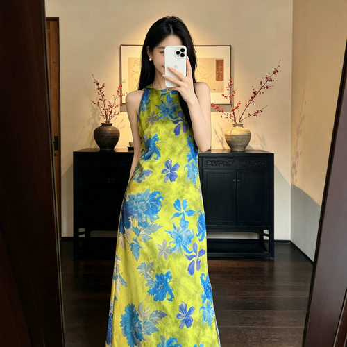 深圳南油高端女装人丝香云纱无袖连衣裙夏新款复古印花背心裙长裙