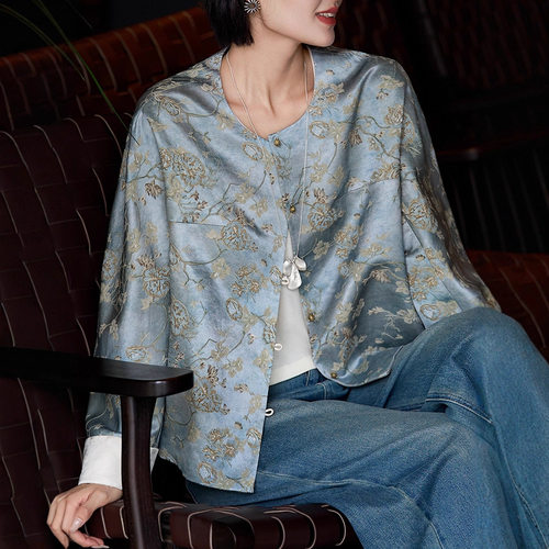 真丝羊毛精纺新中式桑蚕丝提花宽松外套女百搭设计感复古气质上衣