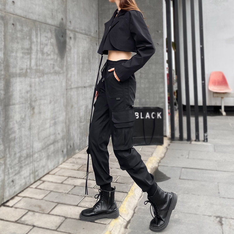 高腰休闲束脚裤黑色工装裤女