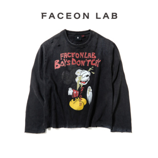 今日青年FACEONLAB 复古做旧破坏黑色悲伤米奇长袖 宽松百搭T恤