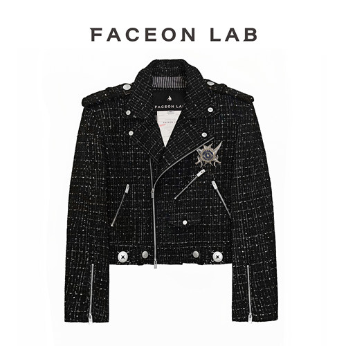 阿信同款FACEONLAB小香风骑士夹克金属徽章设计师短款黑色外套