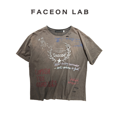 FACEONLAB后朋克标语T夏季复古水洗New vintage印花街头宽松短袖