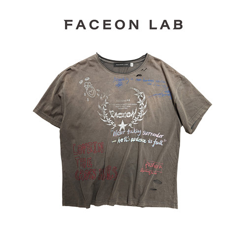 FACEONLAB后朋克标语T夏季复古水洗New vintage印花街头宽松短袖
