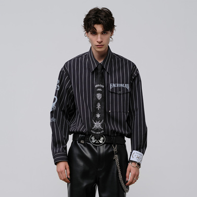 飞上来FACEONLAB危险与诱惑黑条纹动物宽松休闲长袖男士印花衬衫