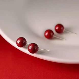 大辰朱宝湘西原矿朱砂耳钉S925银2024年本名年红色生日礼物送闺蜜