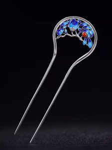 手工纯银景泰蓝牡丹花U型发钗发簪女复古风汉服掐丝烧蓝簪子礼物