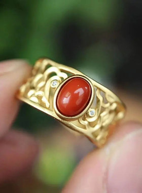 复古祥云纹指环银鎏金戒指