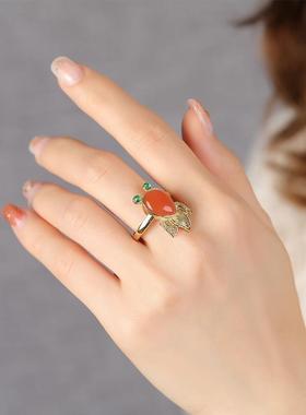 镀s925银鎏金古法金仿南红戒指