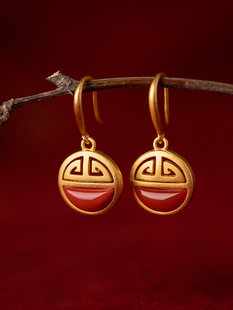 纯银古法金南红玛瑙耳环女新年红色平安扣古风耳坠耳钉耳饰