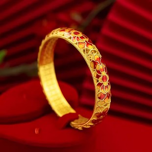 古法珐琅彩繁花镂空金钱手镯黄铜镀国潮金复古烤漆莲花手镯手环女