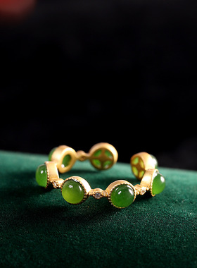 时来运转镀古法金工艺绿碧玉玉髓戒指复古风开口食指保色戒女简约