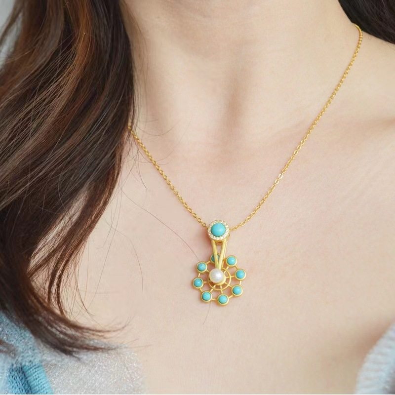 幸福摩天轮天然绿松石蓝松坠s925银纯银厚镀金项链可转动灵动吊坠