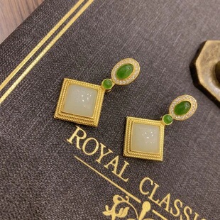 925银镶嵌岭南白玉方形耳钉丽人耳坠碧玉简约百搭素雅清新女款