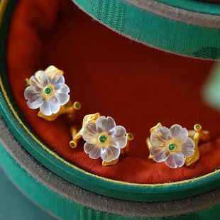 梨花雨凉古法金工艺银鎏金镶嵌白水晶小清新复古韵莱茵石国风戒指