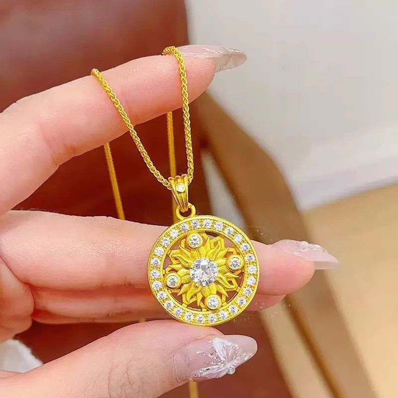 金店同款沙金满钻太阳图腾吊坠项链金色太阳花圆牌挂坠送女友礼物