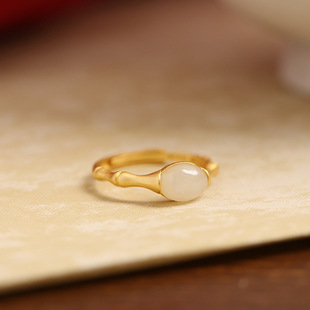 中国风复古白玉羊脂玉戒指女竹节新中式小众高级感设计可调节指环